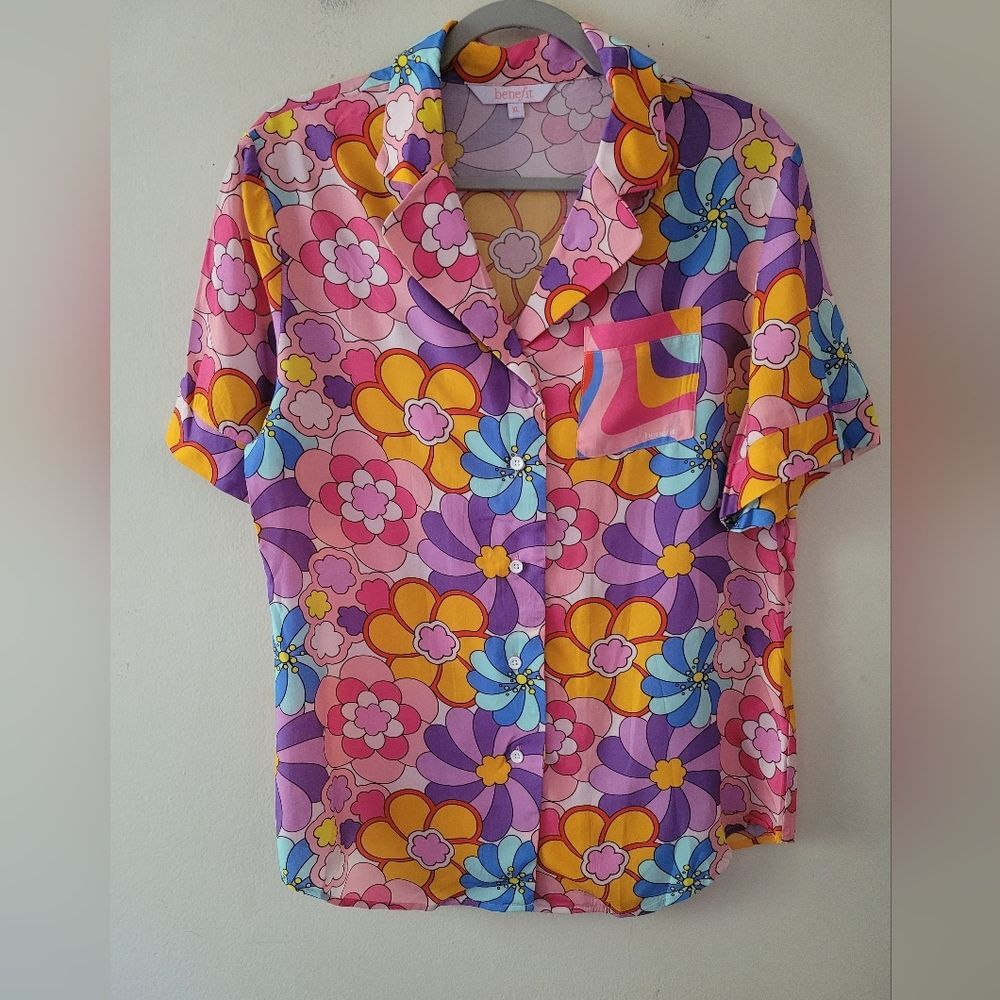 Benefit Womens Retro 60s Hippie Boho Colorful Floral Button Down Camp Shirt XL